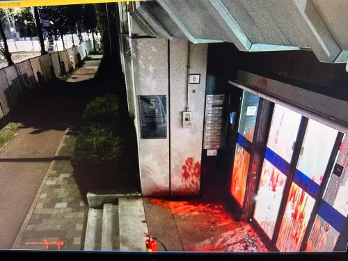The entrance to the Israeli Embassy in The Hague was smashed and covered in red paint, Aug. 12, 2025. Credit: Israeli Foreign Ministry.