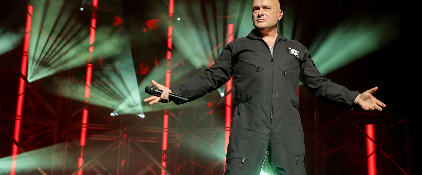 Singer David Draiman of Disturbed performs at the MGM Grand Garden Arena in Las Vegas on May 17, 2025. Photo by Ethan Miller/Getty Images.