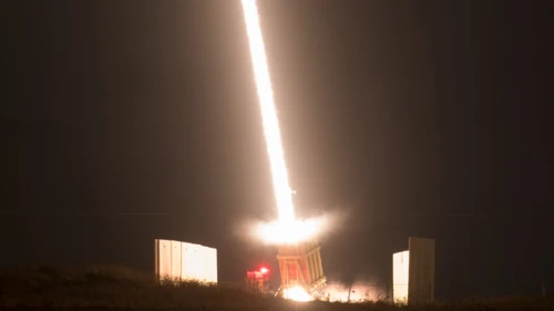 An Iron Dome air-defense battery near the city of Sderot fires an intercepting missile on Aug. 9, 2018. Photo by Yonatan Sindel/Flash90.