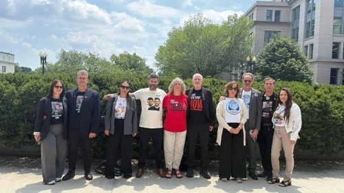 Survivors and families of the Hamas captives ahead of a meeting in Washington with U.S. Secretary of State Marco Rubio, July 25, 2025. Credit: Hostage and Missing Families Forum.