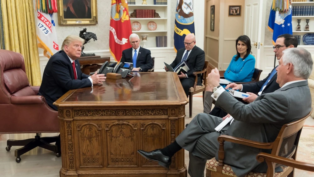 U.S. President Donald Trump, joined by Vice President Mike Pence, meets with U.S. Ambassador to the United Nation Nikki Haley, Secretary of State Rex Tillerson and Secretary of the Treasury Steve Mnuchin in the Oval Office at the White House on Jan. 10, 2018. Credit: Official White House photo by D. Myles Cullen.