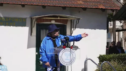 Esther Yaron speaks at the old train station in Thessaloniki, Greece, at an event marking 80 years since the deportation of the city’s Jews, March 19, 2023. Credit: Courtesy.