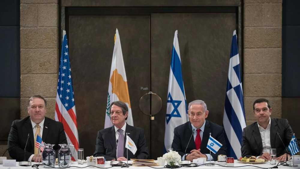 Israeli Prime Minister Benjamin Netanyahu holds a press conference with U.S. Secretary of State Michael Pompeo (left), President of Cyprus Nicos Anastasiades (second from left) and former Prime Minister of Greece Alexis Tsipras at the David Citadel Hotel in Jerusalem, on March 20, 2019. Credit: Noam Revkin Fenton/Flash90.