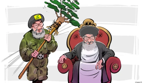 Hezbollah head Hassan Nasrallah uses a Lebanese cedar tree to fan Iran’s Supreme Leader Ali Khamenei. Credit: Yaliban.