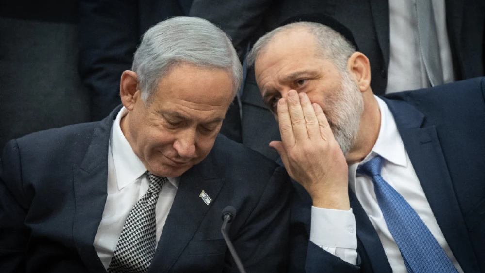 Prime Minister Benjamin Netanyahu and Shas leader Aryeh Deri during a Shas Party meeting at the Knesset, Jan. 23, 2023. Photo by Yonatan Sindel/Flash90.
