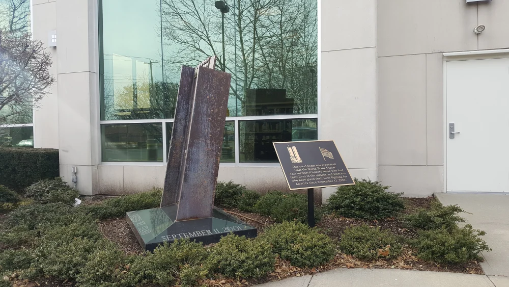 A memorial, incorporating a steel beam from the World Trade Center, for the victims of the terrorist attacks of Sept. 11, 2001, outside the Elmont Memorial Library in Elmont, N.Y., Jan. 28, 2019. Credit: Chumash11 via Wikimedia Commons.