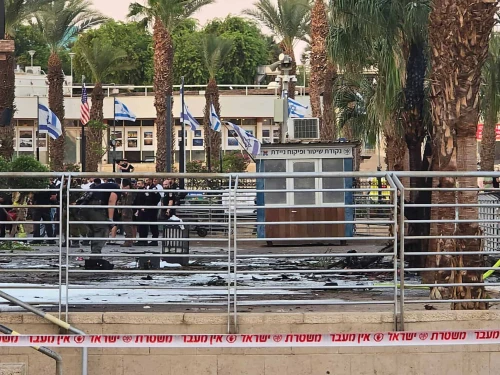 Israeli security forces at the scene of a Houthi drone strike in Eilat, Sept. 24, 2025. Photo by Yehuda Ben Itach/Flash90.