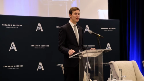 Jared Kushner, former senior advisor to President Donald Trump, addresses a gathering of the Abraham Accords Peace Institute, which helped establish to make sure the accords could meet their potential, Sept. 14, 2021. Credit: Dmitriy Shapiro.