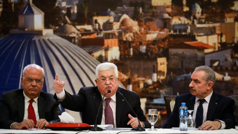 Palestinian Authority leader Mahmoud Abbas (center) delivers a speech on the new Middle East peace plan at P.A. headquarters in Ramallah, Jan. 28, 2020. Photo by Flash90.