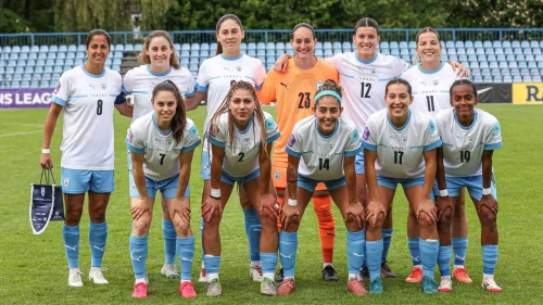 The Israeli women's national football team before its UEFA Nations League match against Estonia, May 30, 2025. Photo by Assi Keifer/Israel Football Association.