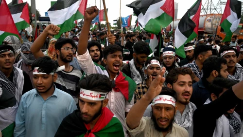 Supporters of Islami Jamiat-e-Talaba—the largest student organization in Pakistan—rally in Karachi in solidarity with the Palestinians, June 29, 2024. Photo by Rizwan Tabassum/AFP via Getty Images.