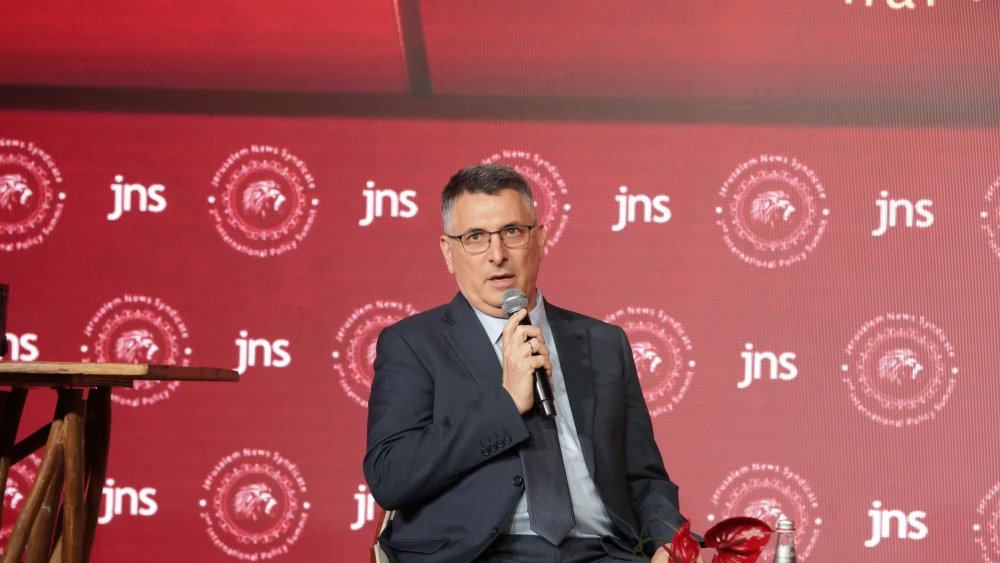 Israeli Foreign Minister Gideon Sa’ar speaks at the JNS 2026 International Policy Summit in Jerusalem, June 23, 2026. Credit: JNS.