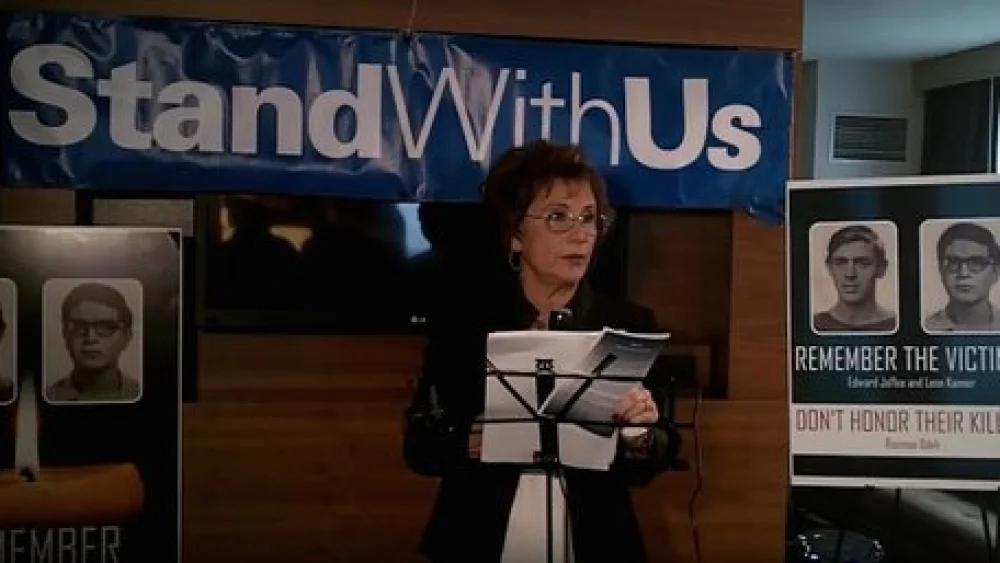 StandWithUs Midwest Director Peggy Shapiro speaks at Sunday's memorial in Chicago for Edward Joffe and Leon Kanner, the victims of Palestinian terrorist Rasmeah Odeh. Credit: Paul Miller