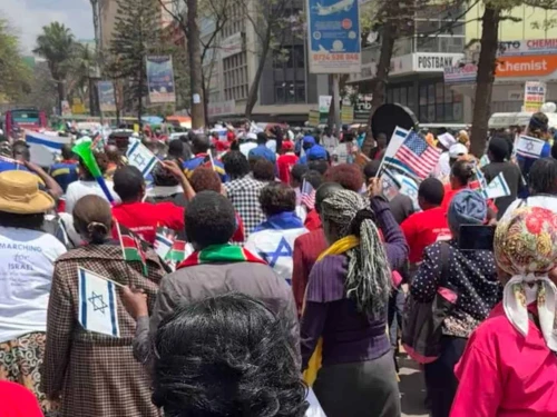 Hundreds of Christians march for Israel in the Kenyan capital of Nairobi on Tuesday. Credit: Courtesy, Svein Kristiansen/ Africa Israel Initaitive, October 7, 2025.
