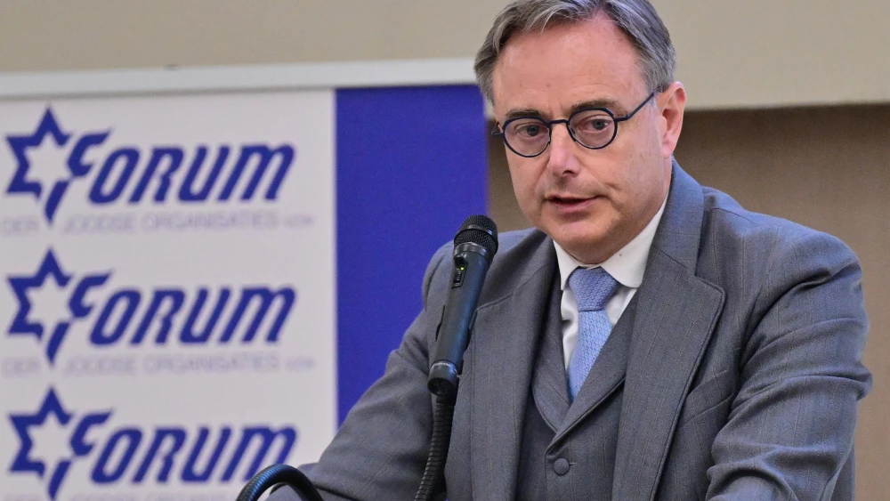 Belgium's Prime Minister Bart De Wever addresses the 81st "Day of Victory, for Democracy and the Commemoration of the Genocide committed by Nazi Germany," organized by the Forum der Joodse Organisaties (FJO) in Antwerp, Belgium on May 6, 2026. Photo by Dirk Waem/Belga/AFP via Getty Images.