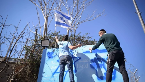 Israeli protesters, including B'tsalmo CEO Shai Glick (right), paint over the sign outside the former U.N. Relief and Works Agency for Palestine Refugees (UNRWA) office in Jerusalem's Ma'alot Dafna neighborhood, Jan. 30, 2025. Photo by Aron Leib Abrams/Flash90.