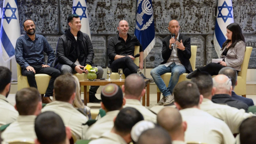 Then-Israeli President Reuven Rivlin (not seen) hosts the stars of the Israeli series "Fauda" and members of Israel's special undercover police unit at the President's Residence in Jerusalem, Feb. 7, 2018. Photo by Mark Neyman/GPO.