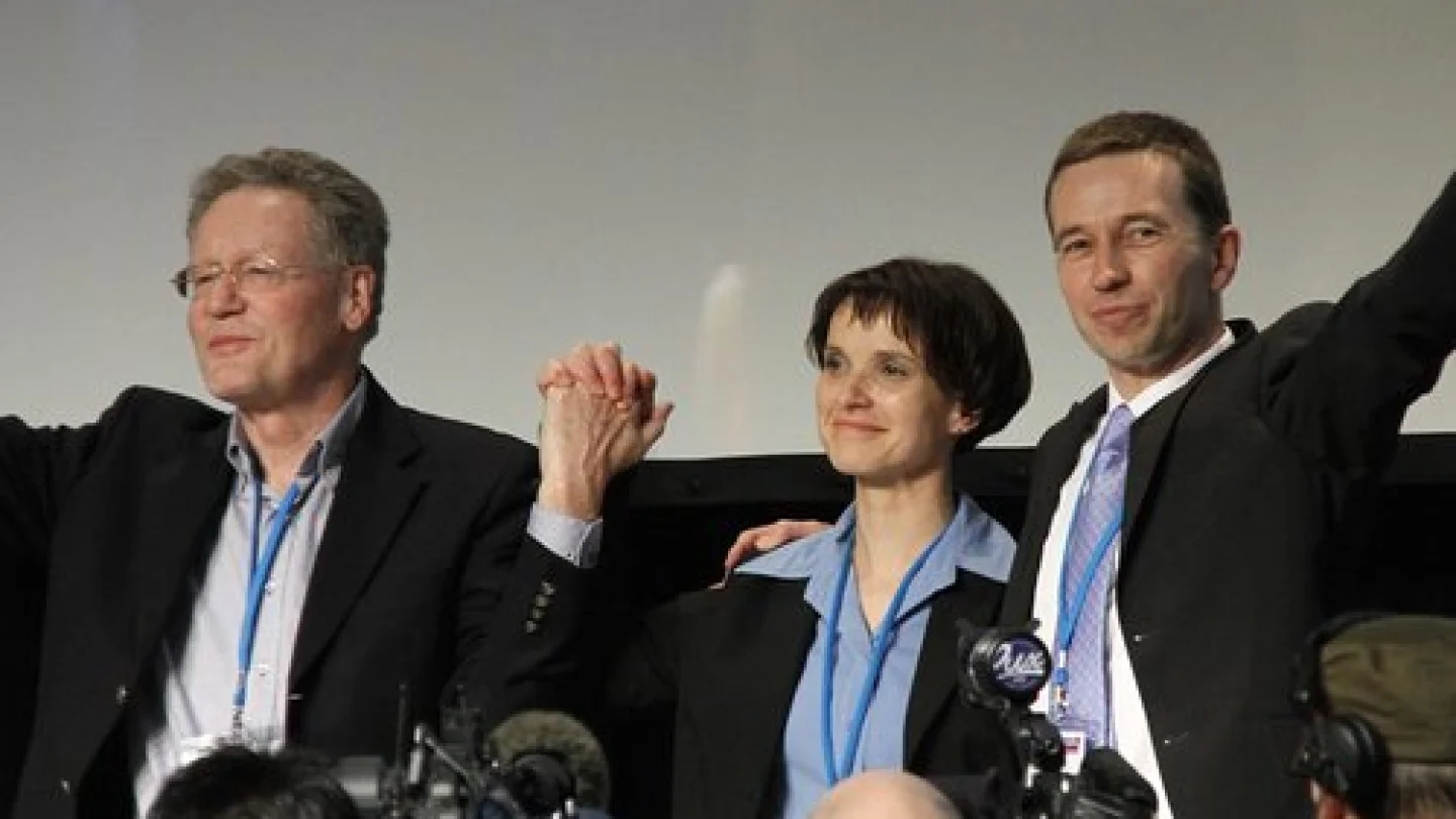 From left: Konrad Adam, Frauke Petry and Bernd Lucke during the Alternative for Germany party’s first-ever convention in April 2013 in Berlin. Credit: Wikimedia Commons.
