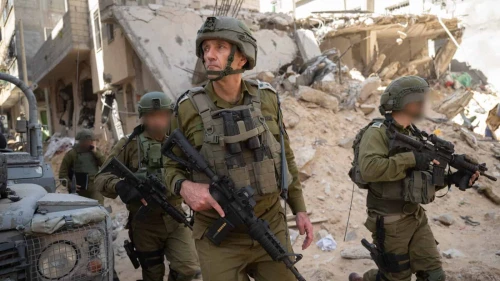 Israel Defense Forces Chief of Staff Lt. Gen. Herzi Halevi tours the Khan Yunis combat zone in southern Gaza on April 3, 2024. Credit: IDF.