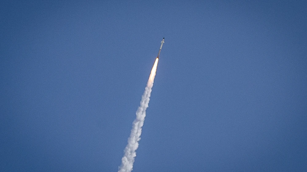 Smoke trails are seen as rockets launched from the Gaza Strip are intercepted by the Israeli Iron Dome air-defense system on Nov. 13, 2019. Photo by Yonatan Sindel/Flash90.