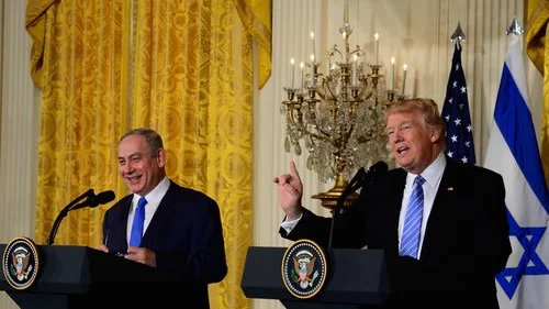 Prime Minister Benjamin Netanyahu (left) and President Donald Trump at their Feb. 15 joint White House press conference, during which Trump broke with the longstanding U.S. stance of wholeheartedly supporting the establishment of a Palestinian state. Credit: Avi Ohayon/GPO.