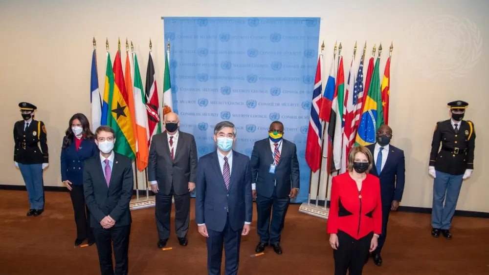 A wide view of an installation ceremony of the national flags of the countries of the newly elected non-permanent members to serve on the U.N. Security Council for the term 2022-23 is held at the United Nations headquarters building in New York City, Jan. 5, 2022. The five new non-permanent members are Albania, Brazil, Gabon, Ghana and the United Arab Emirates. Credit: U.N. Photo/Eskinder Debebe.
