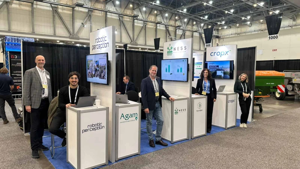 The booths of five Israeli AgTech companies invited to present at the Great Lakes Fruit, Vegetable and Farm Market Expo in Grand Rapids, Mich., from Dec. 10-12, 2024. Photo by Elisha Breton/The Consulate General of Israel to the Midwest.