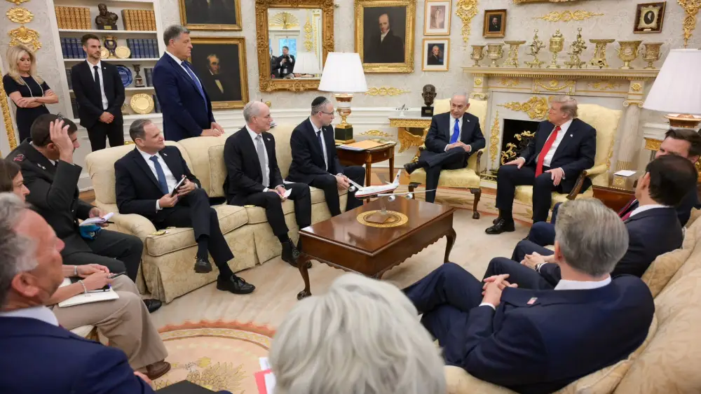 Israeli Prime Minister Benjamin Netanyahu and his delegation meet U.S. President Donald Trump and senior officials at the White House, July 28, 2026. Credit: Ma’ayan Toaf/GPO.