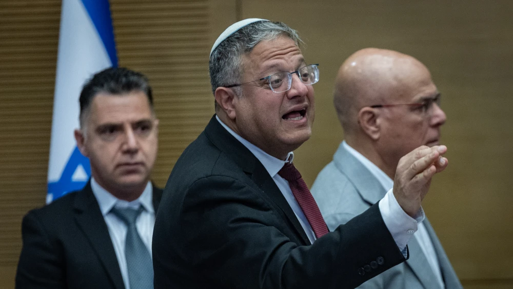 National Security Minister Itamar Ben Gvir and committee head MK Zvika Fogel attend a National Security committee meeting at the Knesset, the Israeli parliament on March 24, 2026. Photo by Yonatan Sindel/Flash90.