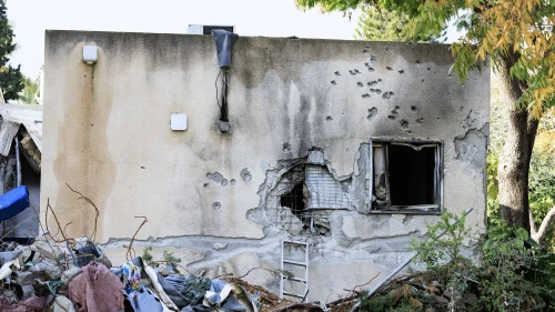 Destruction at kibbutz Kfar Aza after the Hamas-led terrorist attacks of Oct. 7, in southern Israel, on Dec. 19, 2023. Credit: Moshe Shai/Flash90.