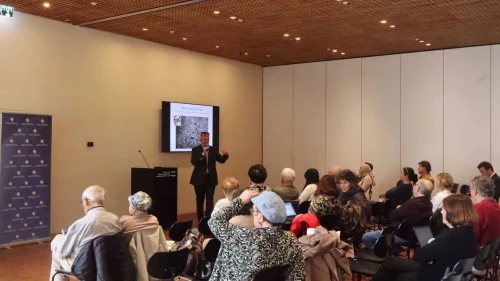 Researcher Fuad Akhundov delivers a lecture at the National Library of Israel in Jerusalem on the Jews of Azerbaijan, Dec. 10, 2024. Credit: Azerbaijani Embassy in Tel Aviv.