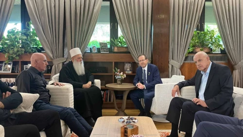 Israeli President Isaac Herzog with Druze Sheikh Muwaffaq Tarif and his team at the president's residence in Jerusalem, July 22, 2025. Source: @Isaac_Herzog/X.