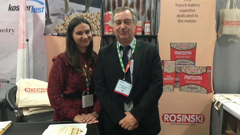 Breaking into the kosher food market in the United States motivated Rosinski Matzoth to acquire additional kosher certification. Representing the family-owned, France-based firm at Kosherfest were Laura Lallouette and her father, Dominque. Photo by Faygie Holt.