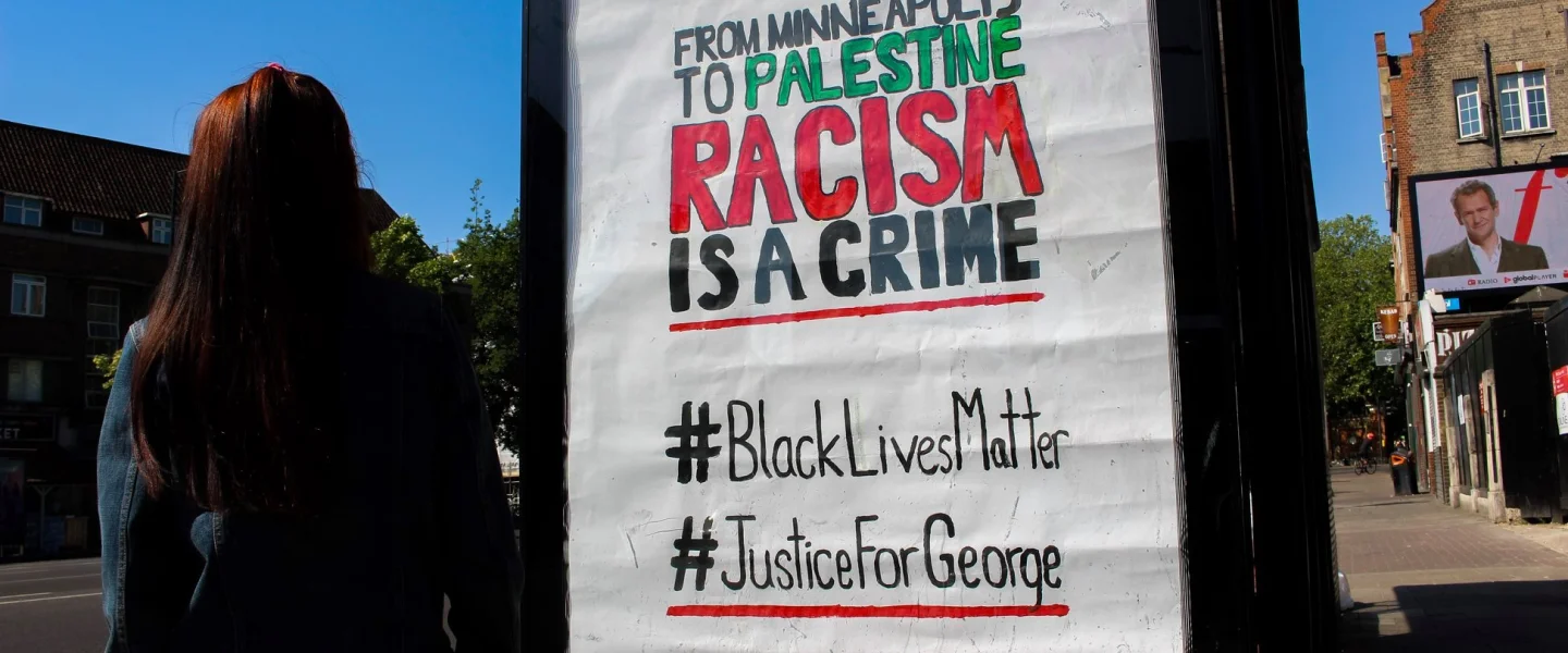 A poster from a protest in London linking the Black Lives Matter movement to the Palestinians, June 2020. Source: Apartheid Off Campus via Facebook.