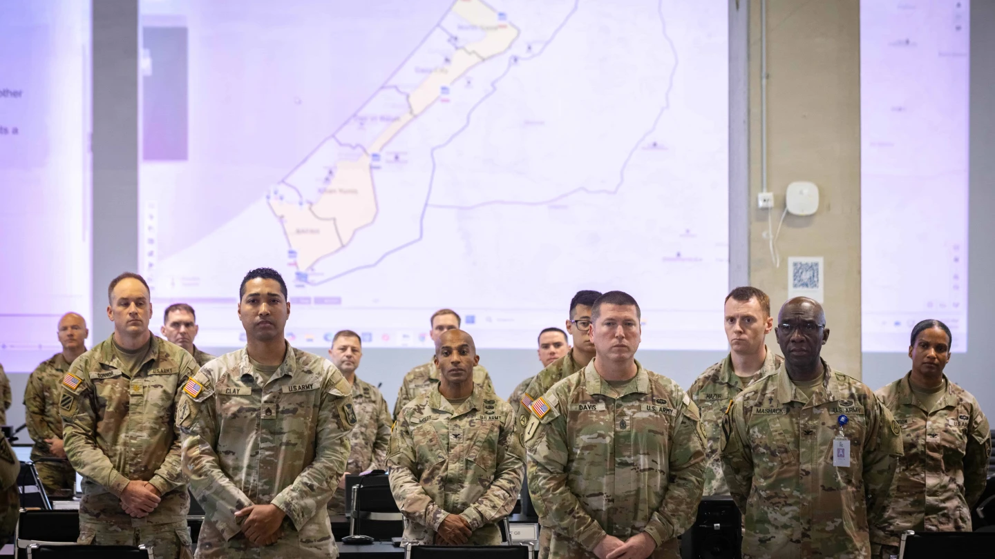 US troops at the Civil-Military Coordination Center in Kiryat Gat during Secretary of State Marco Rubio's visit on Oct. 24, 2025. Photo by Olivier Fitoussi/POOL.