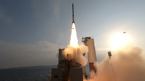 During the tests, held over the Mediterranean Sea off the Israeli coastline in recent days, interceptors from two Rafael-made systems—David’s Sling and Iron Dome—were fired at targets simulating a range of advanced threats, such as maneuvering ballistic missiles and cruise missiles. Credit: Israeli Defense Ministry.