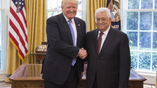 U.S. President Donald Trump (left) and Palestinian Authority President Mahmoud Abbas shake hands in the Oval Office on May 3, 2017. Credit: White House Photo by Shealah Craighead.