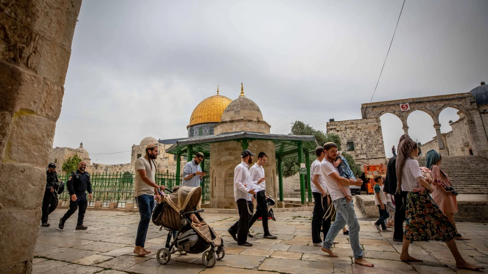 Israeli security personnel stand guard while Jews visit the Temple Mount in Jerusalem, June 8, 2023. Photo by Jamal Awad/Flash90.