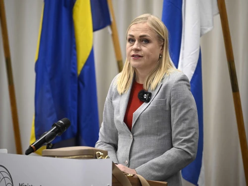 Finland’s Foreign Minister Elina Valtonen speaks during a press conference with Sweden’s foreign minister at the Swedish-Finnish Cultural Center in Espoo, Finland, on Feb. 10, 2026. Photo by Antti Aimo-Koivisto/Lehtikuva/AFP via Getty Images.