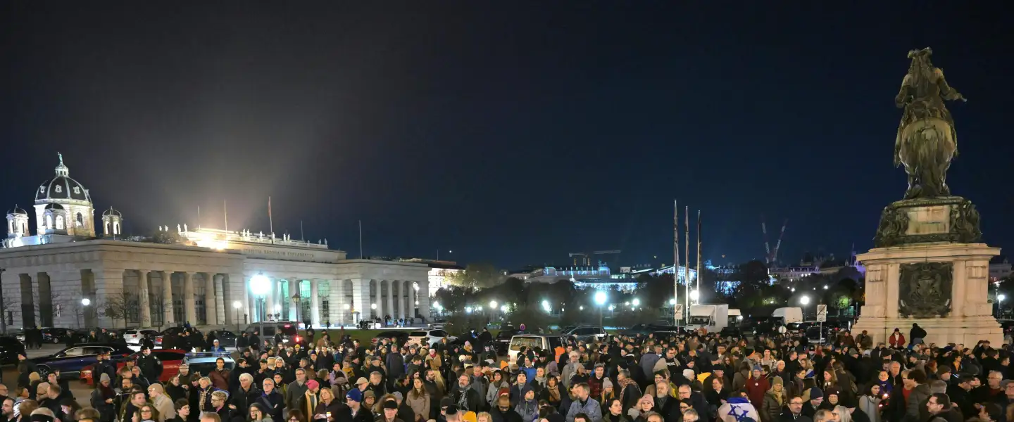 People gather for commemorations under the motto 'Light of Hope' against forgetting, antisemitism, hate speech and exclusion in Vienna, Austria, on the 85th anniversary of the Nazi Kristallnacht pogrom, November 9, 2023. Photo by Roland SchlagerAPA/AFP via Getty Images.