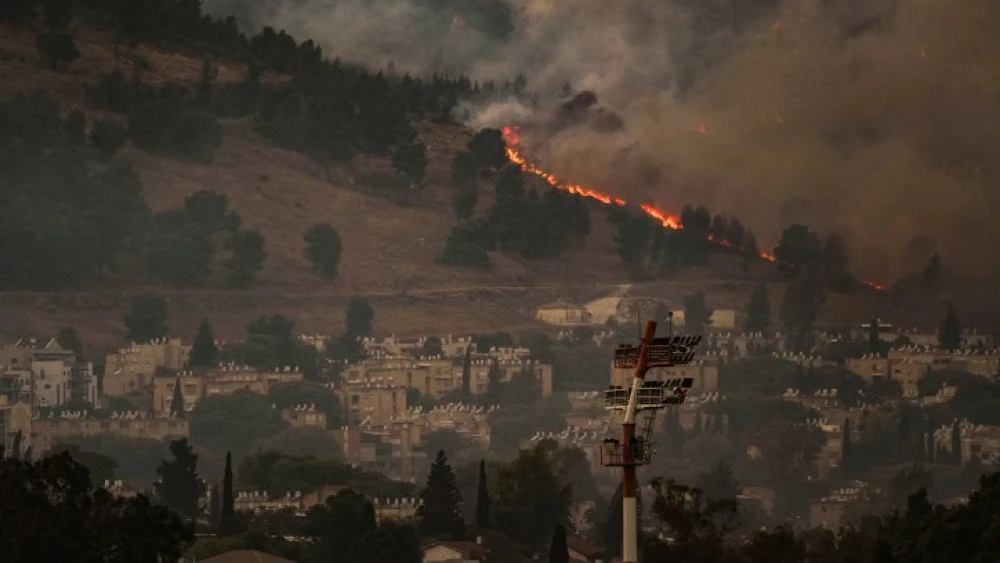 View of a large fire caused by rockets fired from Lebanon, in the northern Israeli town of Kiryat Shmona, June 3, 2024. Photo by Ayal Margolin/Flash90.