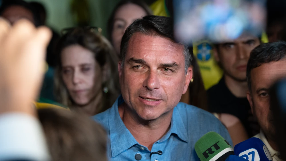 Brazilian presidential candidate Flavio Bolsonaro speaks to the press after the votes were tallied on election day on Oct. 4, 2026. Photo by Ton Molina/Getty Images.