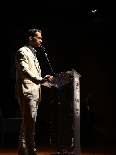 Bar Reuven, co-founder and executive director of AFU 669, speaks at the AFU 669 gala, held at the Museum of Jewish Heritage–A Living Memorial to the Holocaust in Lower Manhattan, on Oct. 15, 2026. Credit: VideoServiceNYC.