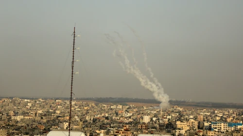 Smoke seen as a rocket is launched from Rafah, in the southern Gaza Strip, towards Israel on May 10, 2021. Photo by Atia Mohammed/Flash90.
