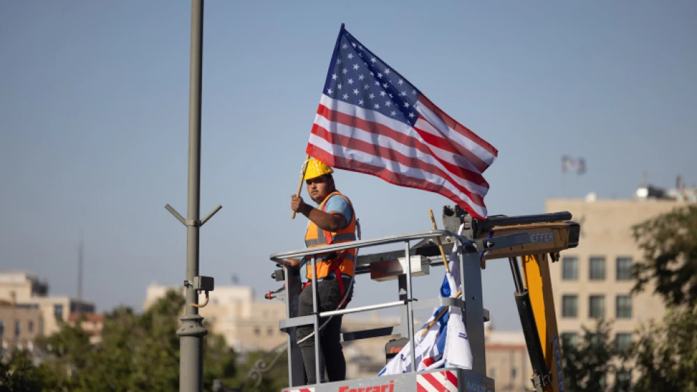 American flags being hung in Jerusalem ahead of U.S. President Biden's visit, July 10, 2022. Photo by Yonatan Sindel/Flash90.