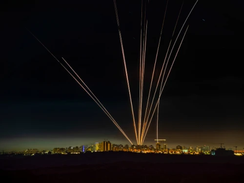 A long-exposure picture showing Israel's Iron Dome anti-missile system firing interceptors at rockets fired from the Gaza Strip, as seen from Ashdod, May 15, 2021. Photo by Avi Roccah/Flash90.