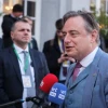 Belgian Prime Minister-designate Bart De Wever speaks to reporters before an informal E.U. leaders' retreat at Egmont Palace in Brussels on Feb. 3, 2025. Photo by Thierry Monasse/Getty Images.