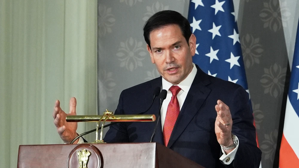 U.S. Secretary of State Marco Rubio addresses a joint press conference with Indian External Affairs Minister Subrahmanyam Jaishankar (not pictured) after their meeting at Hyderabad House in New Delhi, May 24, 2026. Photo by Julia Demaree Nikhinson/Pool via AFP/Getty Images.