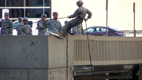 Reserve Officers Training Corps members practice rappelling at the University of Michigan on Sept. 30, 2010. Credit: Wikimedia Commons.