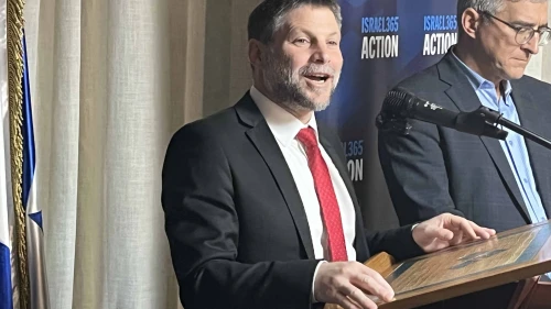 Israeli Finance Minister Bezalel Smotrich addresses Jewish and Christian pro-Israel activists at a Jerusalem reception hosted by the World Zionist Congress "Israel365 Action" slate, Oct. 27, 2025. Photo by Josh Hasten.